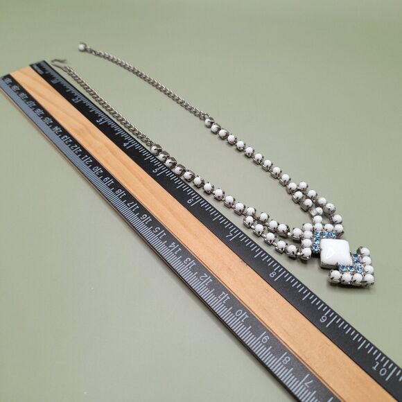 Vintage Milk Glass Soft Blue Rhinestone Necklace Choker Unsigned - Picture 6 of 11